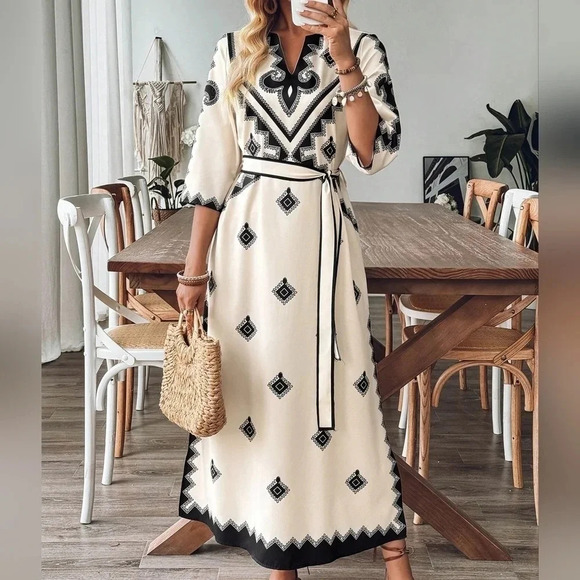 Fashionable Summer Holiday Style Printed Waist-Tie Dress - Picture 1 of 5